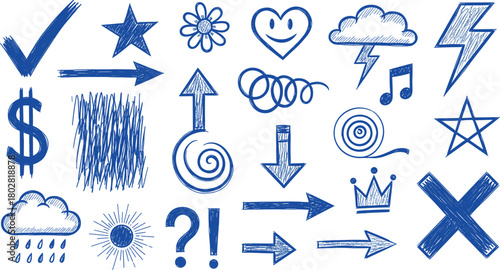 Playful Blue Doodle Icons Hand-Drawn Arrows, Stars, and Weather Elements