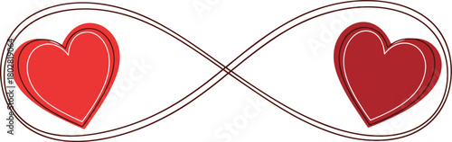 A graphic illustration of an infinity symbol holding two red hearts, symbolizing endless love, romance, and an eternal bond between a couple