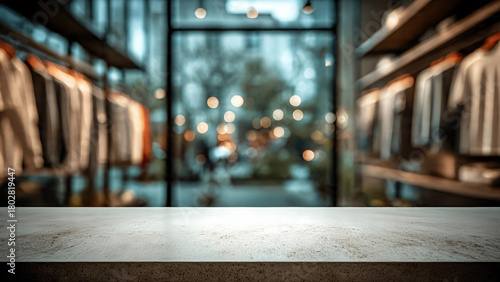 Premier plan avec planche bois et arrière plan avec boutique, magasin de vêtement, centre commercial