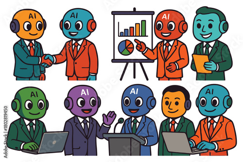 A group of cartoon AI robots in business attire engage in various professional activities including meetings, presentations, and individual work.