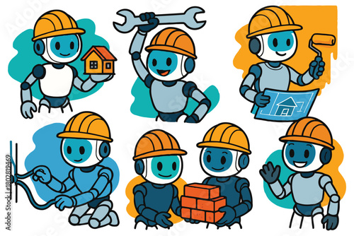 A collection of cartoon robots wearing hard hats, performing construction jobs like building, painting, and holding blueprints and tools.