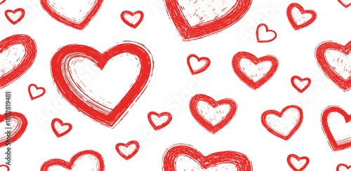 Abstract seamless pattern with hand-drawn red hearts on a white background, ideal for Valentine's Day or romantic decorations