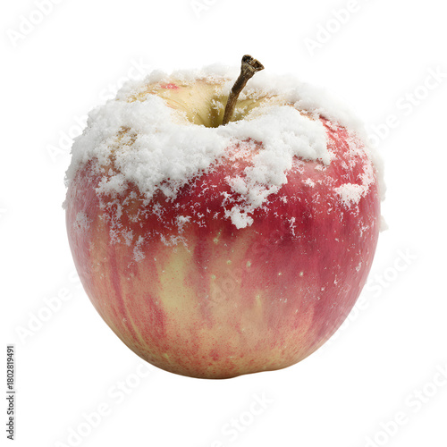 Red apple covered in white snow isolated on transparent background