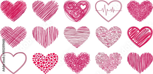 Collection of Hand-Drawn Heart Illustrations in Shades of Pink for Romantic and Valentine's Day Designs