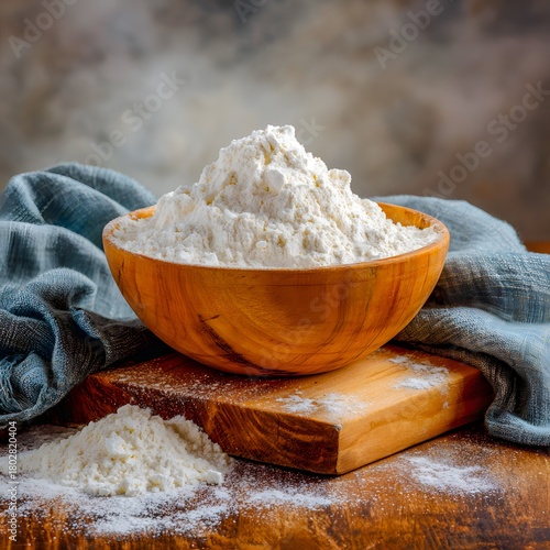 Heap of all-purpose flour in wooden bowl, rustic baking ingredient, kitchen table, powdery texture, natural light, cooking concept