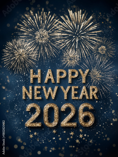 Happy New Year 2026 with Gold Fireworks and Star Confetti on Midnight Blue