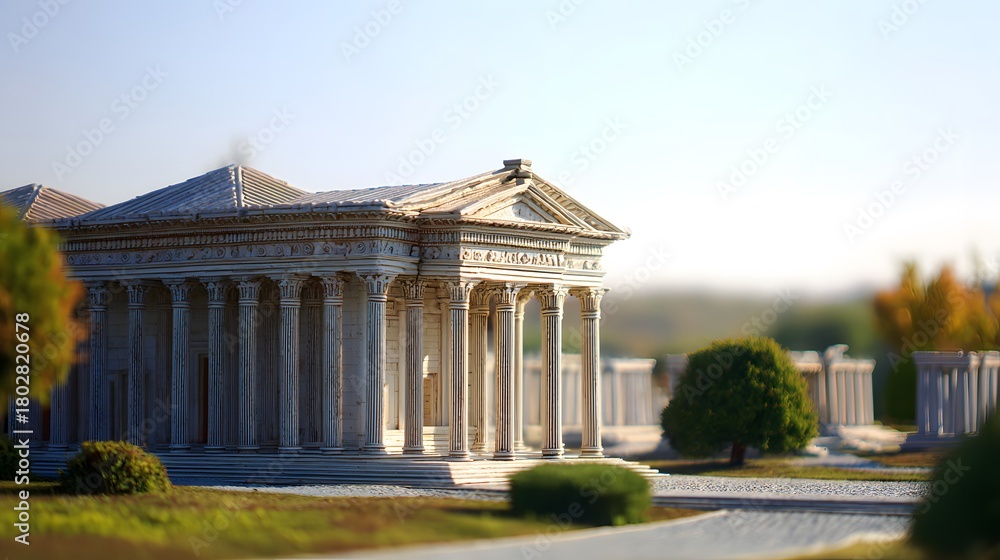Naklejka premium Istanbul’s Miniaturk Park showcases a stunning Temple of Artemis replica bathed in soft sunlight