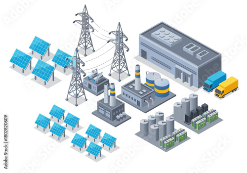 Isometric concept of a modern industrial energy complex featuring a solar farm, power plant, battery storage, and electricity grid elements