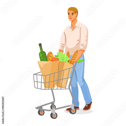 Man pushing a grocery cart filled with food items like bread, wine, and vegetables, cartoon style on white background. Concept of shopping. Vector illustration
