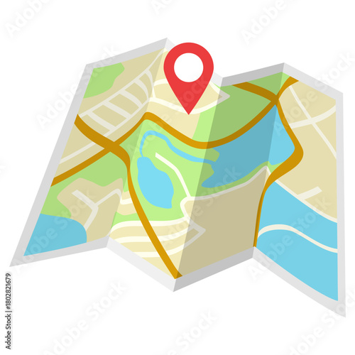 Colorful folded map with roads, green areas, water bodies and a red location pin icon, flat graphic style, on a white background. Vector illustration