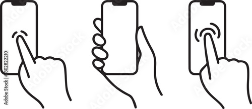 Isolated hand touches the phone screen and the hand is holding it; transparent background