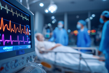 A patient lies in a hospital bed surrounded by medical equipment. Heart monitor displays vital signs while healthcare professionals assist the patient. The environment is calm and clinica 