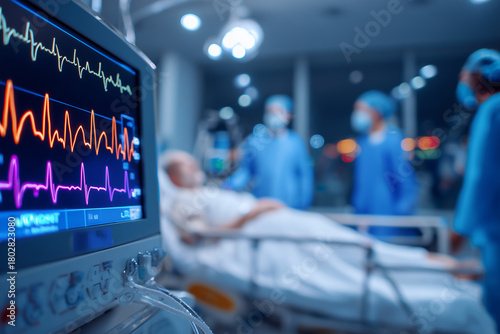 A patient lies in a hospital bed surrounded by medical equipment. Heart monitor displays vital signs while healthcare professionals assist the patient. The environment is calm and clinica 