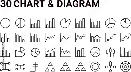 Thirty minimalist black line icons display various charts, graphs, and diagrams in neat rows