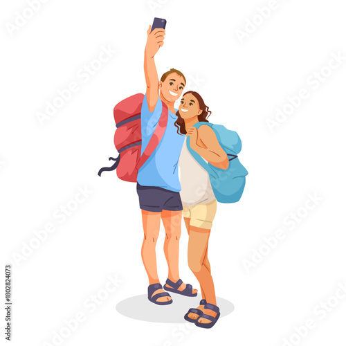Happy couple of young travelers with backpacks taking selfie, cartoon style on white background. Concept of travel and adventure. Vector illustration