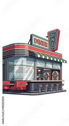 Classic American Diner Building with Neon Sign.