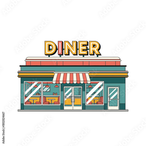 Classic American Diner Building with Retro Signage.