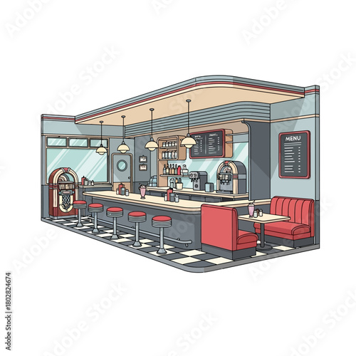 Classic American Diner Interior Illustration with Retro Design.