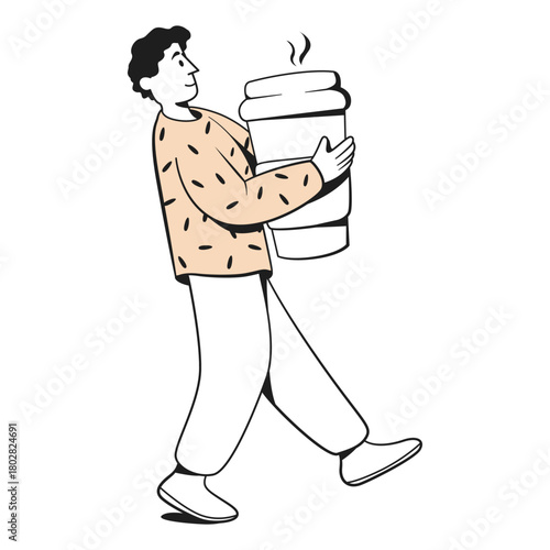 Smiling man walking and holding a giant takeaway coffee cup, minimal flat graphic style, white background. Concept of coffee addiction. Vector illustration