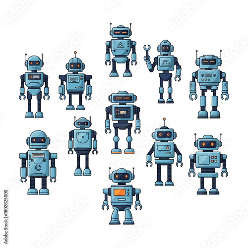 Collection of various cartoon robot characters in a group.