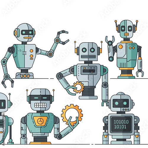 Collection of Various Cartoon Robots Illustrations.