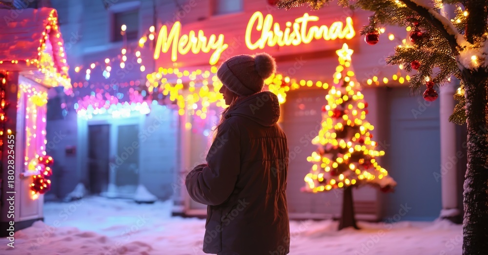 Obraz premium Person views festive holiday lights. Snowy scene evokes winter warmth, joy, celebration. Bright colors illuminate building facade.