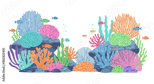 Colorful coral reef with various marine life.