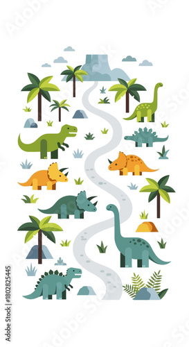 Colorful Dinosaur Illustration with Palm Trees and Landscape.