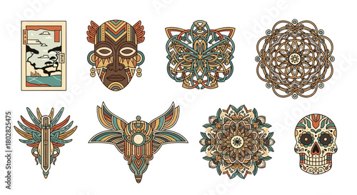 Colorful ethnic art and cultural designs.