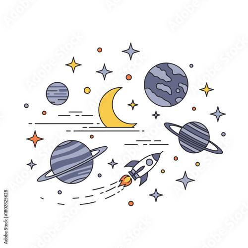 Colorful illustration of space with planets and stars.