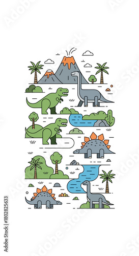 Colorful illustration of various dinosaurs in their natural habitat 1.