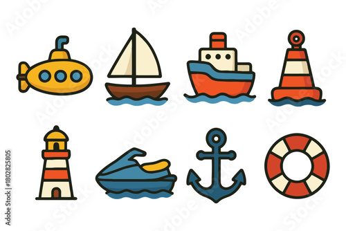 A colorful set of eight hand-drawn cartoon icons depicting various maritime elements like a submarine, sailboat, ship, and lighthouse.