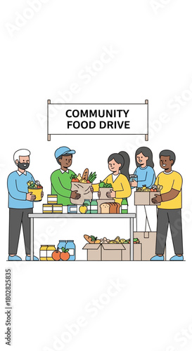 Community Food Drive Volunteers Collecting Donations for Needy.