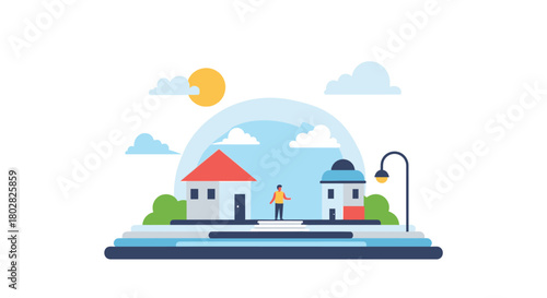 Concept of a Protected Home and Community Under a Dome.