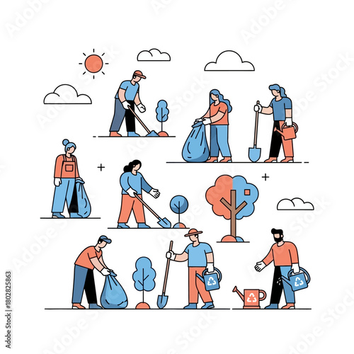 Community Volunteers Cleaning and Planting Trees for Environment.