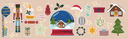 Christmas vector stickers collection with nutcracker, snowball, decorated tree, cozy ornaments, stars, wreath, presents gift box, and holiday decorations. Winter elements for scrapbooking. Hand drawn 