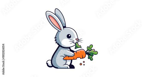 Cute cartoon rabbit eating a fresh carrot.