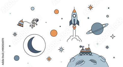 Cute Space Exploration and Planets Illustration.