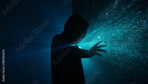 Mysterious hooded figure silhouette in darkness, casting luminous, sparkling magical energy from an outstretched hand against a deep blue light.