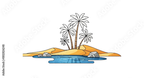Desert island with palm trees and water.