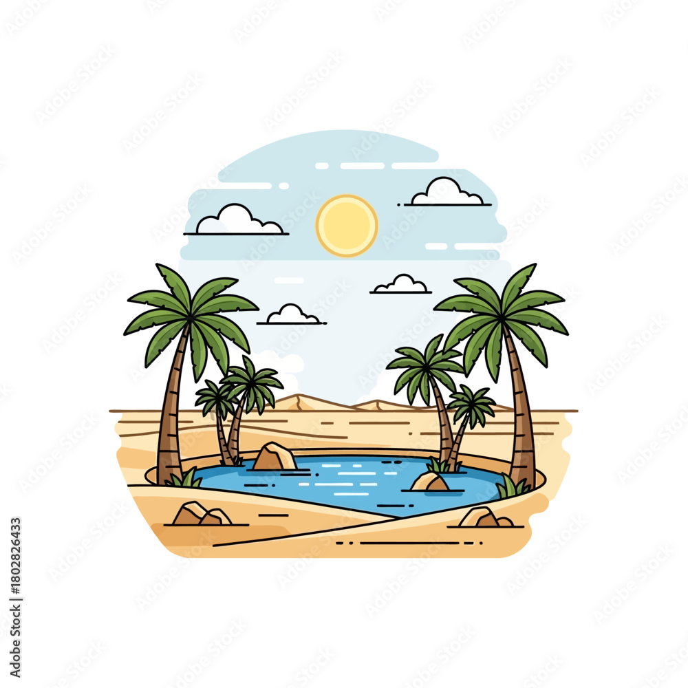 Obraz premium Desert Oasis with Palm Trees and Water.