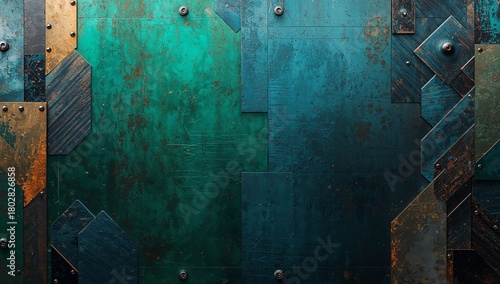 Veridian Machina: Textured Metal Panels Riveted Together in Shades of Emerald and Teal for Steampunk-Inspired Industrial Backdrop
