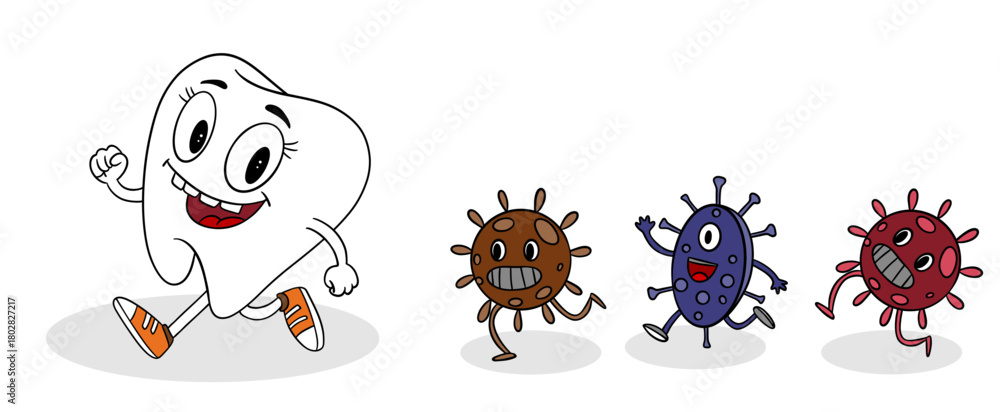 Fototapeta premium Hand-drawn children’s illustration of tooth running away from attacking bacteria. Playful and educational design kids’ dental posters, oral hygiene materials, pediatric dentistry, storybooks
