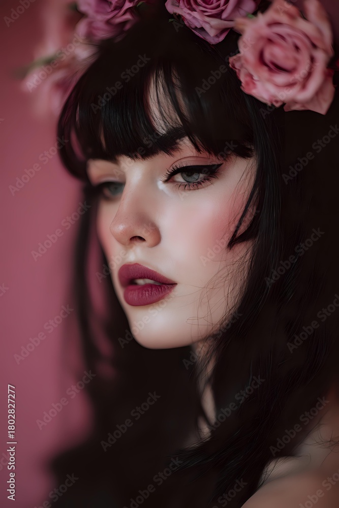 Fototapeta premium Profile portrait of woman with dark hair and bangs against pink background, adorned with roses, wearing dramatic makeup and burgundy lipstick.