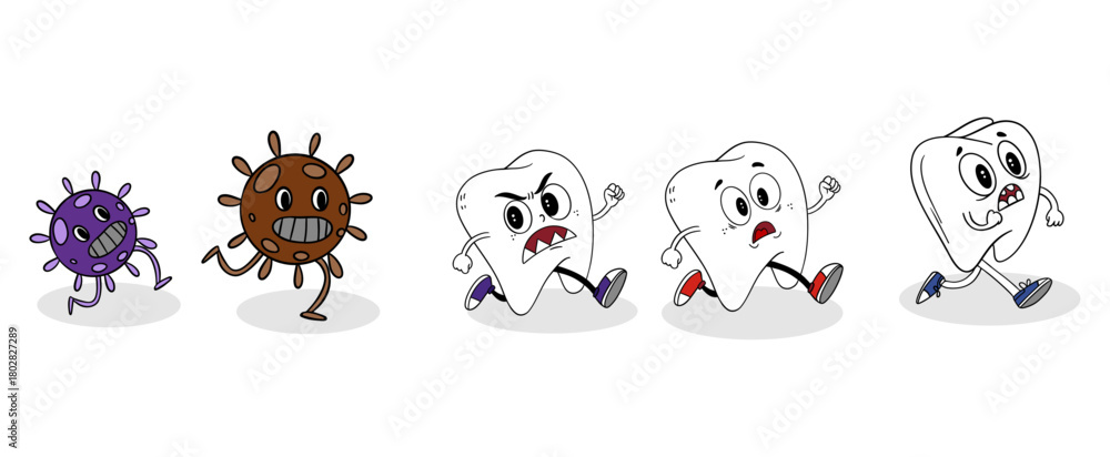 Obraz premium Hand-drawn children’s illustration of tooth running away from attacking bacteria. Playful and educational design kids’ dental posters, oral hygiene materials, pediatric dentistry, storybooks