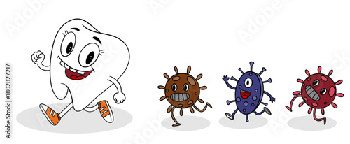 Hand-drawn children’s illustration of tooth running away from attacking bacteria. Playful and educational design kids’ dental posters, oral hygiene materials, pediatric dentistry, storybooks