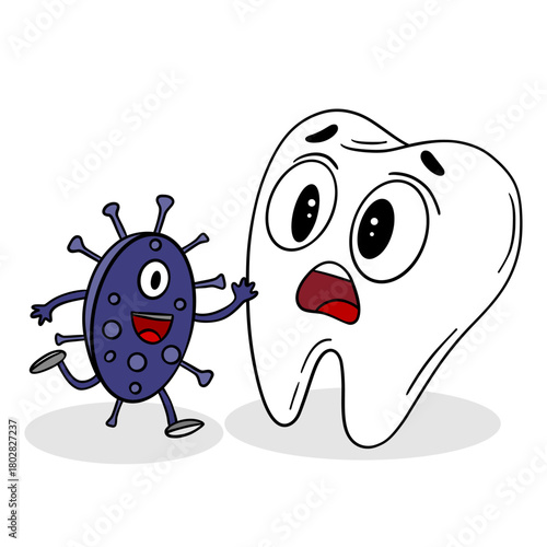 Hand-drawn children’s illustration of a brave tooth standing near attacking bacteria. Playful and educational design ideal for kids’ dental posters, oral hygiene materials, pediatric dentistry clinics