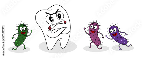 Hand-drawn children’s illustration of a brave tooth standing near attacking bacteria. Playful and educational design ideal for kids’ dental posters, oral hygiene materials, pediatric dentistry clinics