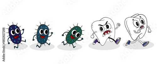 Hand-drawn children’s illustration of tooth running away from attacking bacteria. Playful and educational design kids’ dental posters, oral hygiene materials, pediatric dentistry, storybooks