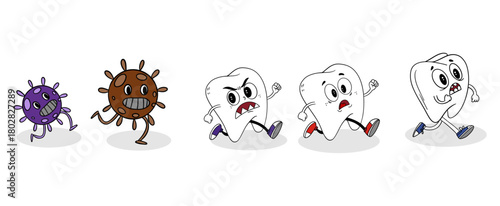 Hand-drawn children’s illustration of tooth running away from attacking bacteria. Playful and educational design kids’ dental posters, oral hygiene materials, pediatric dentistry, storybooks